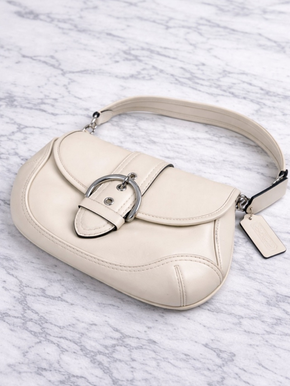 Coach Cream Leather Saddle Crossbody with Silver Buckle